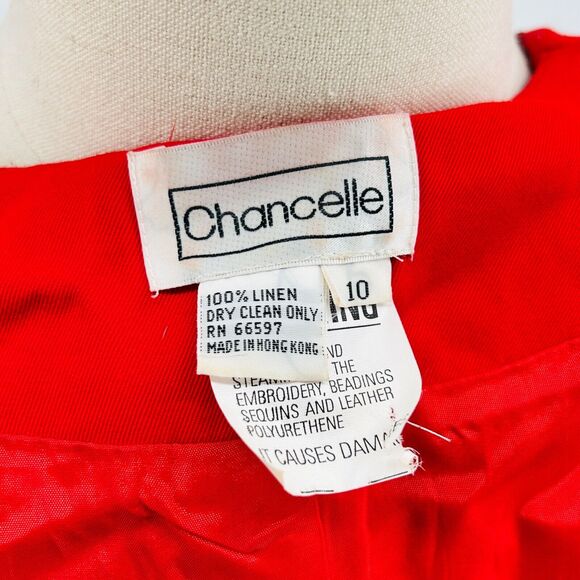 Vintage 80s Chancelle Linen Red Beaded Statement Made in Hong Kong Blazer - Picture 8 of 9